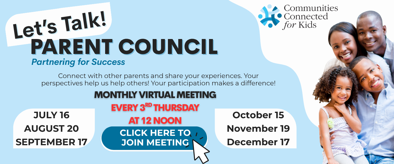 Banner for Let's Talk! Parent Council with meeting dates, a 'Click here to join meeting' button, and a family photo on the right.